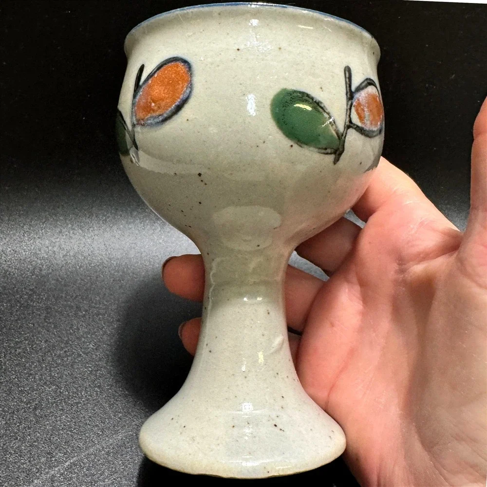 Vintage Pottery Goblet Hand Painted Fruit Speckle Glaze Cobalt Blue Rim Folk Art